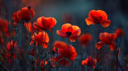Fototapeta premium Bright red poppies stand out against the fading light of the setting sun.