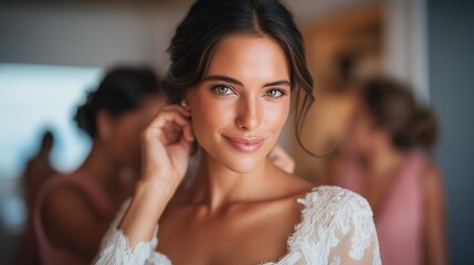Fototapeta premium Wedding bride completing final makeup and dress preparation in a bridal suite surrounded by bridesmaids, perfect for wedding preparation concept, bridal readiness, pre ceremony ritual, modern