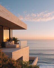 Fototapeta premium Elegant East Asian family relaxing on a modern terrace overlooking the ocean at sunset, with plush seating and lush greenery surrounding the area