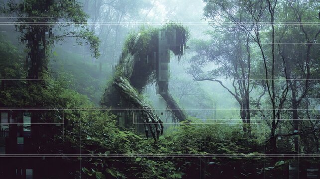 Mysterious Green Creature in Lush Foggy Forest with Digital Noise Effects