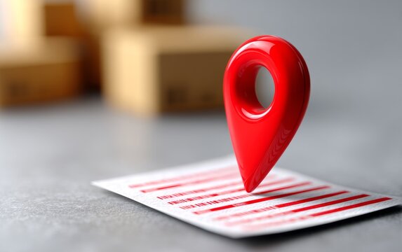 3D Location Pin on Shipping Label with Box Background for Delivery Tracking