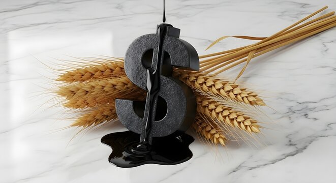 Black dollar sign covered in dripping oil placed against wheat stalks on marble background for commodity price