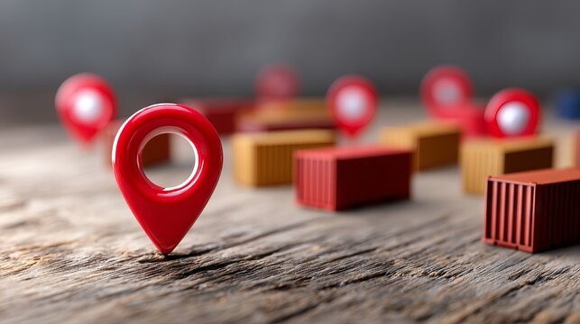 3D Map View of Shipping Containers with Location Markers on Rustic Background