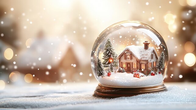 Enchanting Christmas Snow Globe Miniature Village Scene with Warm Soft Lighting and Falling Snow