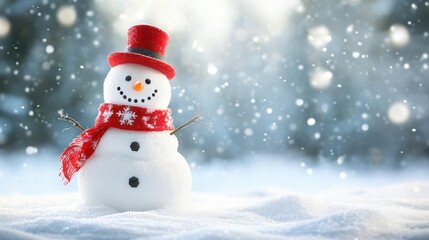 Fototapeta premium A cheerful snowman wearing a red hat and scarf stands in a snowy winter landscape during a festive holiday season.