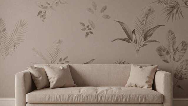 Minimalistic interior design featuring beige sofa against plain light wall upholstered soft linen-like materia