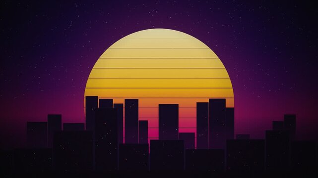 Seamless 4K loop of retro 80s synthwave city skyline silhouette panning across a glowing striped sun and starry purple night sky. Animated retrowave background.