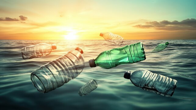 Plastic bottles floating on ocean waves near polluted beach at sunset, highlighting environmental pollution crisis