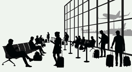 Silhouettes of travelers waiting at airport.