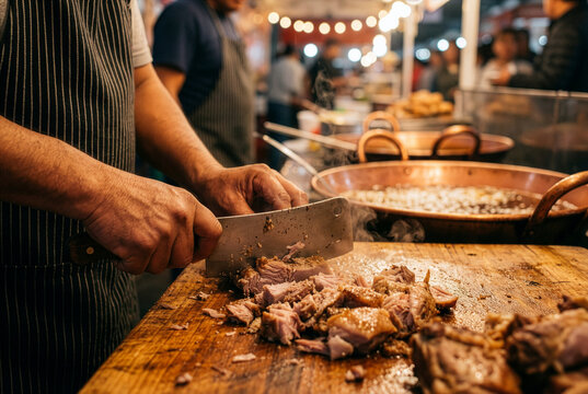 Cinematic close-up of a street food vendor skillfully chopping slow-cooked pork carnitas on a rustic wooden board. Background features copper pots (cazos) and warm bokeh market lights.