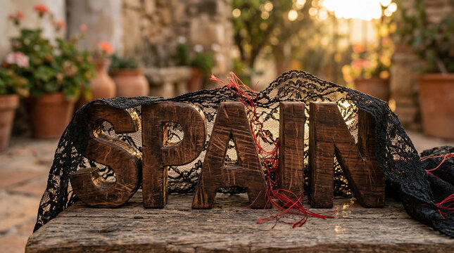 3D Typography "SPAIN" Sculpted from Rustic Terracotta Clay and Mediterranean Elements