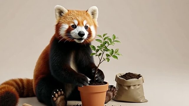 Red panda planting a small tree in a pot. Cute wild animal gardening process with soil and shovel. Concept of environmental care and nature conservation effort.