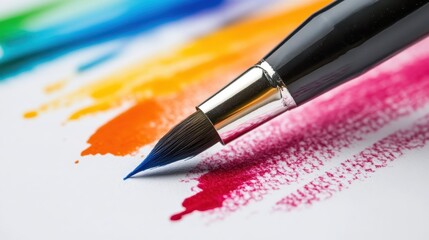 A paintbrush with a vibrant blue tip creating colorful strokes of paint on white paper, capturing artistic expression