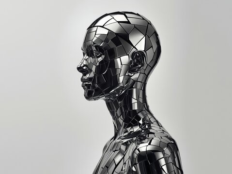 Abstract human silhouette profile constructed from reflective mirror fragments, white background. Powerful concept of identity, duality and self-reflection for editorial and tech campaigns.