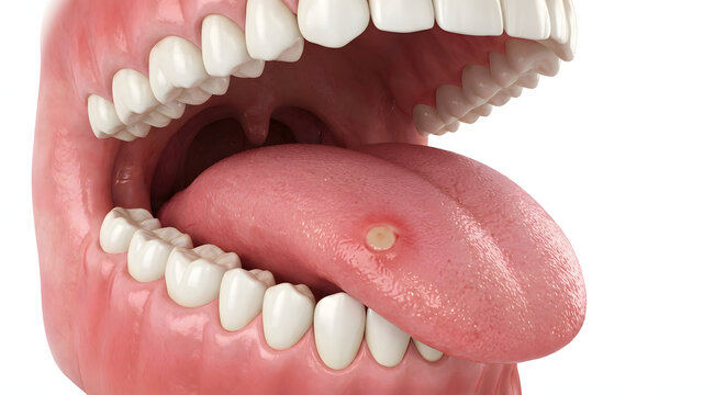 3d anatomical model of an open human mouth and tongue with a painful white canker sore or mouth ulcer representing oral health problems dental issues and medical stomatitis
