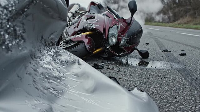 Damaged red motorcycle lying on asphalt next to mangled car part with smoke rising. Scene of serious road traffic accident. Useful for news, safety campaigns, or insurance.