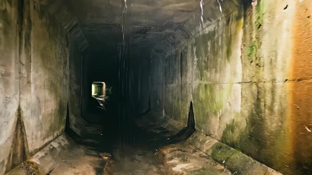 Dim concrete drainage tunnel with water flowing on the floor and light streaming through a metal ceiling grate creating a moody underground scene
