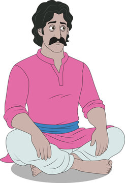  2D Cartoon Indian Man Sitting Cross-legged in Pink Kurta Vector Illustration