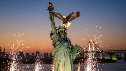 Statue of Liberty With Eagle and Fireworks at New York City Skyline at Dusk