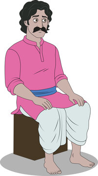 2D Cartoon Indian Man Sitting on Stool in Pink Kurta Dhoti Vector Illustration