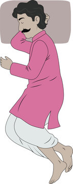 2D Cartoon Indian Man Sleeping Curled Up in Pink Kurta Vector Illustration