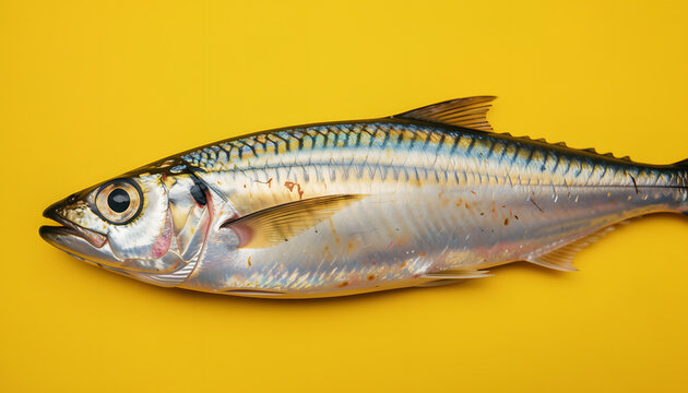 Extreme close-up of a whole silver sardine fish on a solid yellow background. The image highlights the metallic texture, scales, and natural patterns of the fish, creating a striking, minimalist, foto