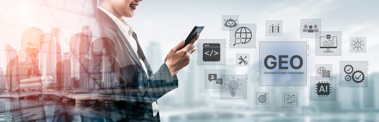 Obraz premium Digital marketing concept featuring GEO strategy, optimizing content for AI search engines and large language models. Evolution of SEO, brand authority, and AI citation visibility. Corpus