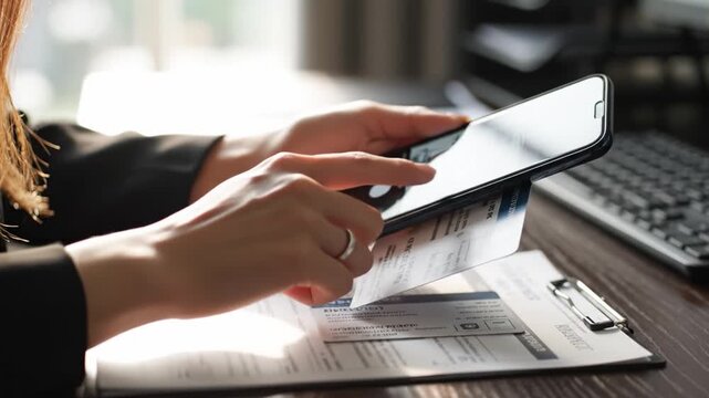 Hands using phone to scan insurance documents and ID cards at desk. Reporting bike accident for claim process. Useful for insurance, legal, and digital documentation content.