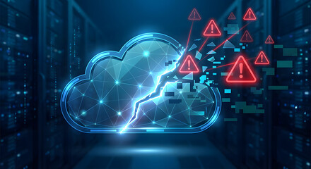 shattered digital cloud with red warning alert icons in server room representing cloud computing data breach network vulnerability system failure and hacked internet security