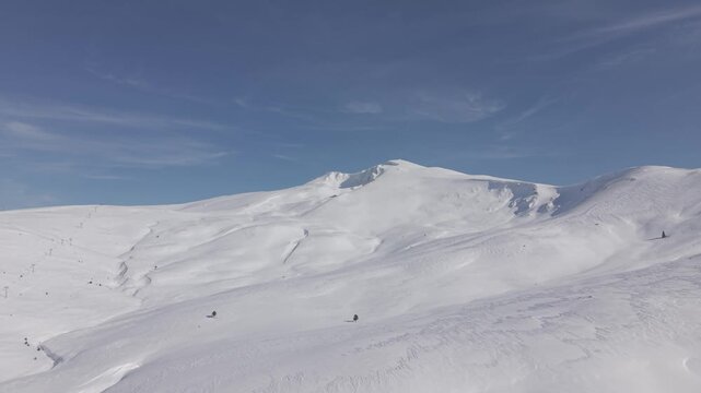 Aerial panning left shot sweeping across the vast snow-covered mountain range of Uludag under a blue sky
