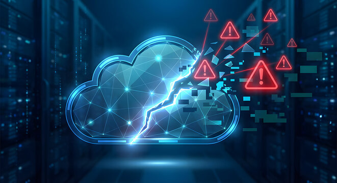 shattered digital cloud with red warning alert icons in server room representing cloud computing data breach network vulnerability system failure and hacked internet security
