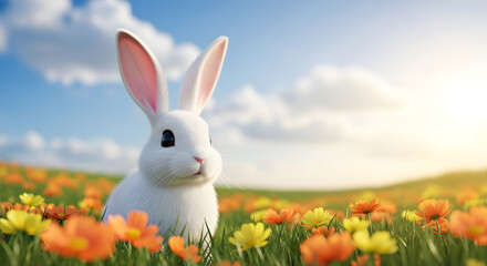 Fototapeta premium A white rabbit sitting in a field of colorful tulips on a sunny day