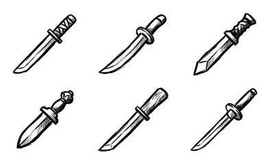 Naklejka premium Collection of six hand-drawn daggers and knives in a rough sketch style, showcasing various historical and fantasy blade designs with detailed ink line art illustrations