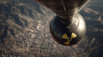 nuclear bomb falling from the air, blurred with the city in the background