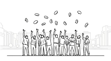 Obraz premium Group of people throwing seeds in the air, celebrating success and growth