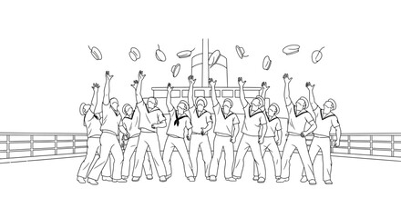 Obraz premium Group of Sailors Celebrating on Deck, Throwing Hats in the Air