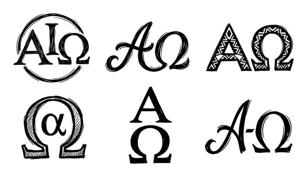 Set of six hand-drawn Alpha and Omega symbols in various calligraphic and sketch styles, representing the Christian religious concept of the beginning and the end
