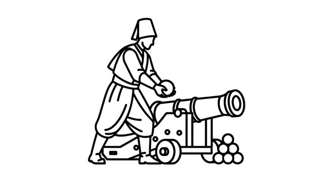 Historical soldier loading cannon with cannonballs, vintage illustration