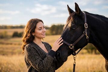 Fototapeta premium Young woman pets black horse in golden autumn field at sunset