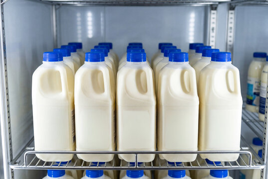 White plastic jugs of fresh yogurt drink on shelf
