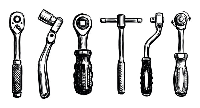 Hand-drawn sketch set of various ratchet wrenches and socket tools for mechanical repair, illustrated in a black and white doodle style with detailed cross-hatching