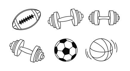 Fototapeta premium Collection of Six Sports Equipment Icons Including Football, Soccer Ball, Basketball, and Dumbbells vector