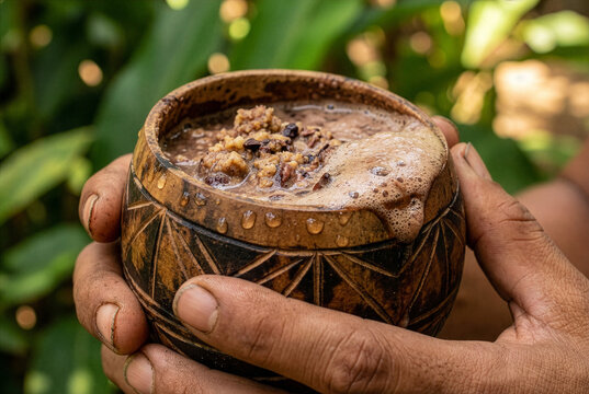 Traditional Mexican Pozol with Cacao in Hand-Carved Gourd. Close-up of hands holding a traditional "j&iacute;cara" filled with pozol con cacao, a pre-Hispanic fermented  beverage from southern Mexico.