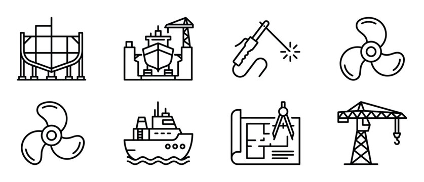 Set of shipbuilding and construction icons featuring a vessel in dry dock, a crane, welding tool, propeller, and blueprint, all rendered in a clean minimalist line art style