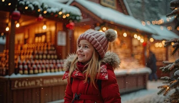 Children&rsquo;s Christmas commercial inspired by the image cinematic close-up of a smiling girl in a red winter coat and pom-pom hat walking through a snowy Christmas