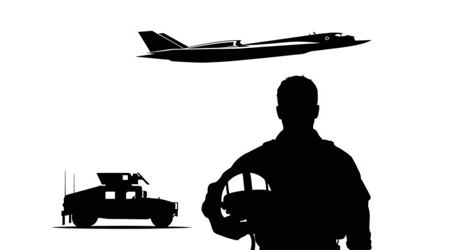 Military Pilot, Jet, and Humvee Silhouette - Air Force, Army, and Aviation Concept