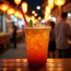 Fototapeta premium Illuminated Thai Iced Tea Night Market Vibrancy Colorful Sips Burst of Orange Amidst Bustling Vendors
