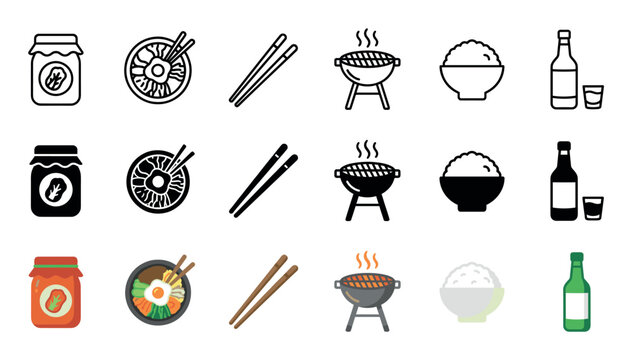 Collection of Korean food icons showing bibimbap, kimchi, barbecue, rice, and soju in three different vector styles: line art, solid glyph, and full color illustration
