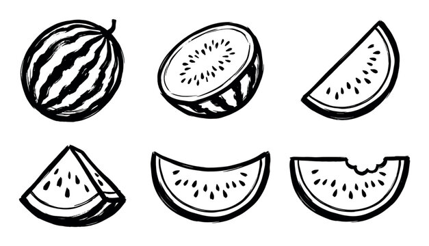 Set of six black ink watermelon illustrations showing a whole fruit, half, wedge, and various slices in a hand-drawn brush stroke style for a graphic design element