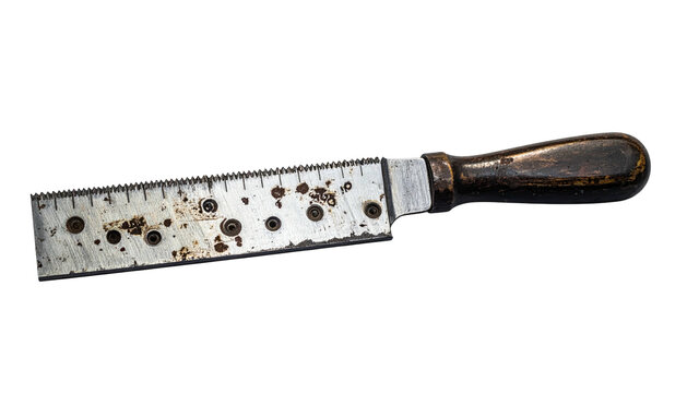 Old, used, metal rasp with holes and wood handle, lying against a black background